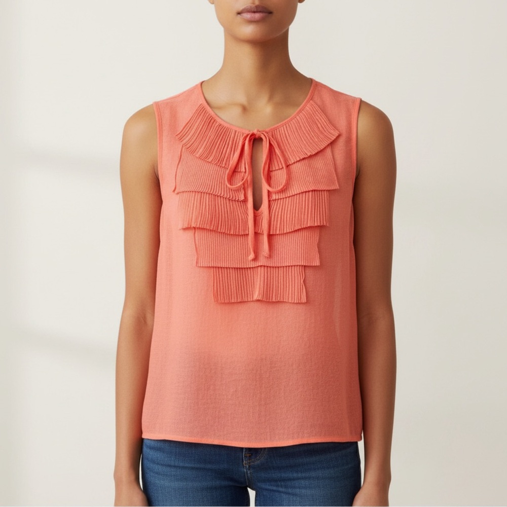 BCBGMAXAZRIA | Coral Sheer Accordion Pleated Ruffle Sleeveless Blouse Sz S